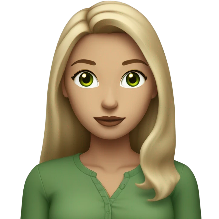 light tan skin, high cheekbone, solo dark blonde girl with green eyes,long sleeve shirt, skinny, long blow out hair, baddie, middle part, sultry emoji
