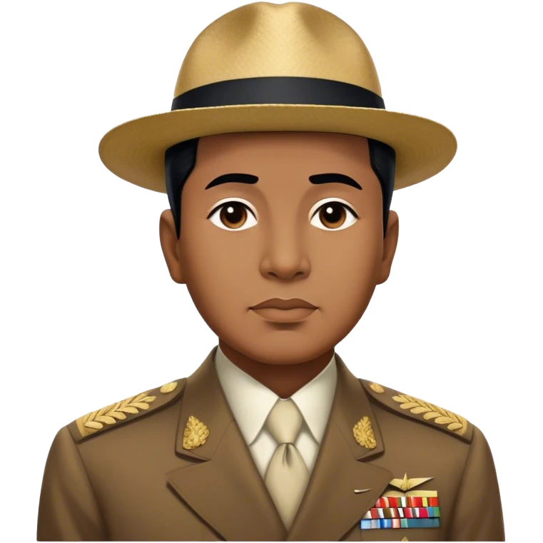 ​Cinematic Realistic Portrait of Sukarno, depicted in a lifelike, realistic style based on his iconic portrait, showcasing his thoughtful, charismatic expression in period attire, rendered with detailed textures and warm, evocative lighting that captures his pioneering spirit and national pride, emoji