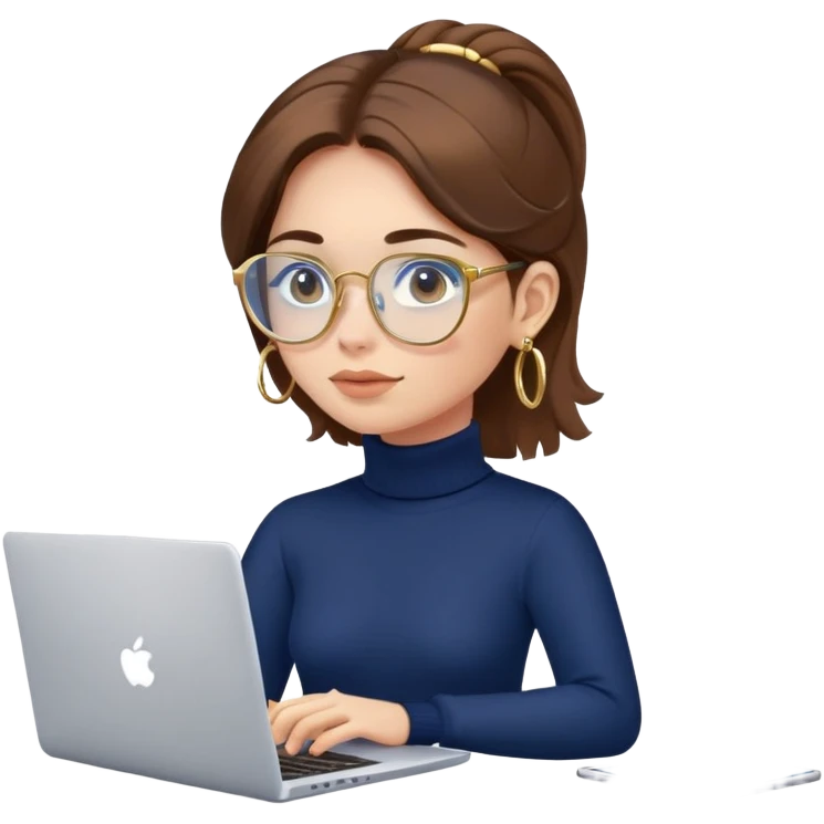 Girl with brown hair, navy blue turtleneck, gold hoop earrings, blue light glasses, working on laptop emoji