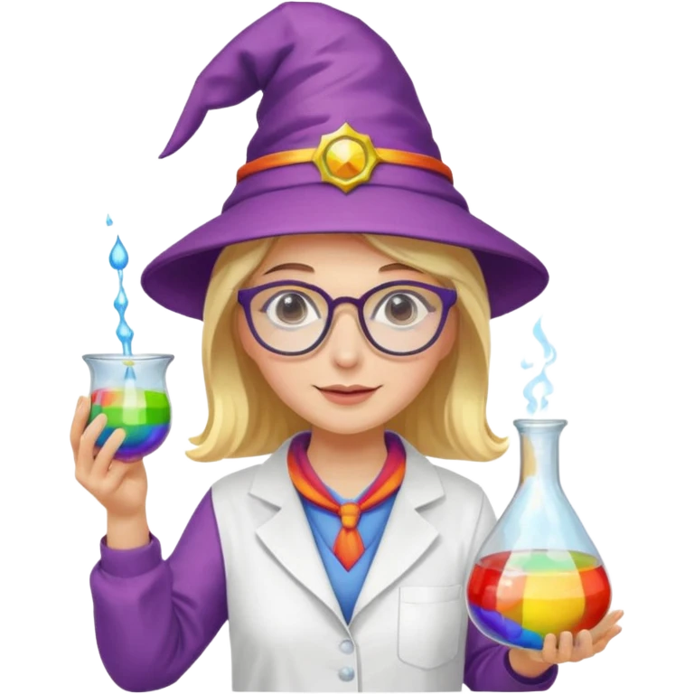 woman scientist with glasses, wearing wizard hat custome, with glass vase, rainbow emoji