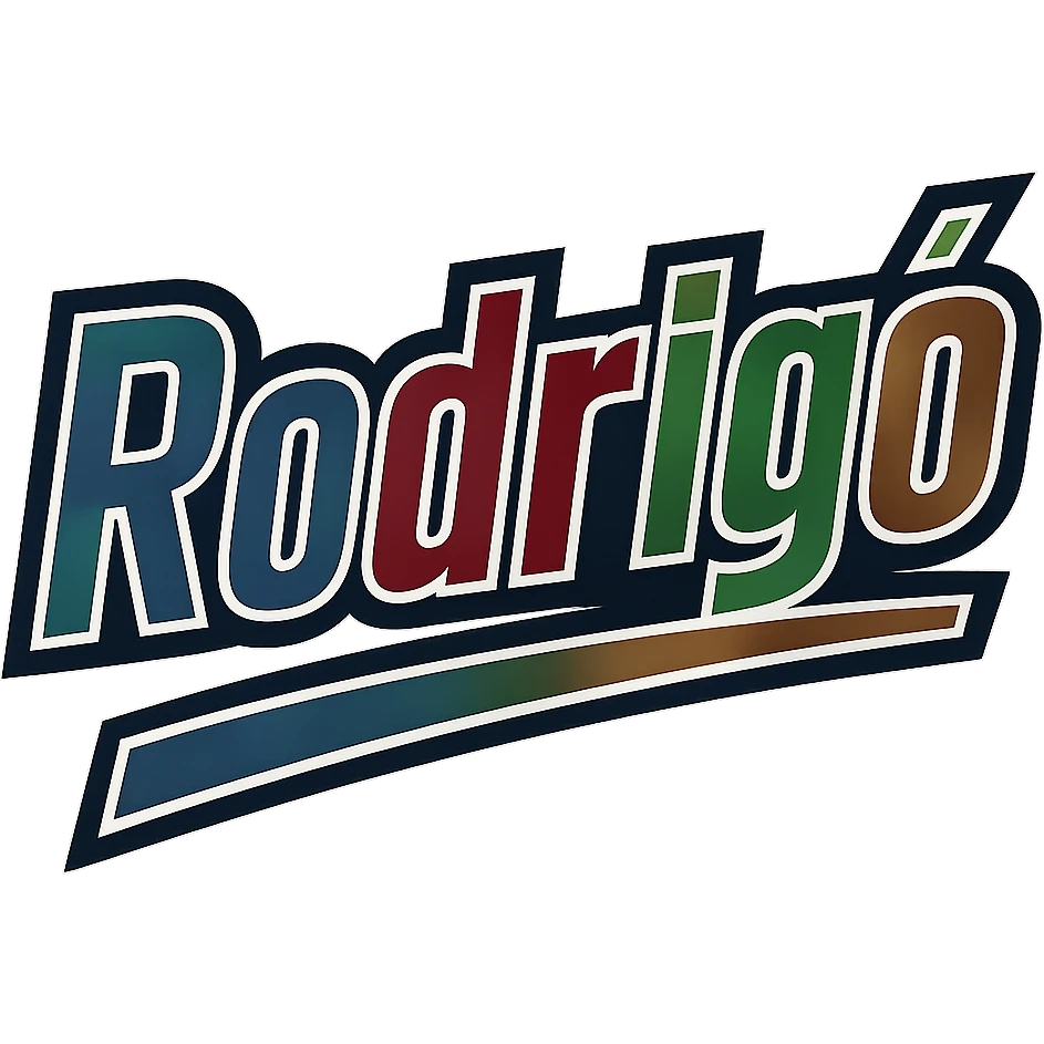 The name 'Rodrigó' in a masculine, modern font with gradient colors including blue, gray, burgundy, green, and brown. The text uses precise Hungarian characters, has a dark outline, extra thick and prominent white letter border, and a dynamic slanted underline. Image size 1000x1000 px, PNG format, transparent background. emoji