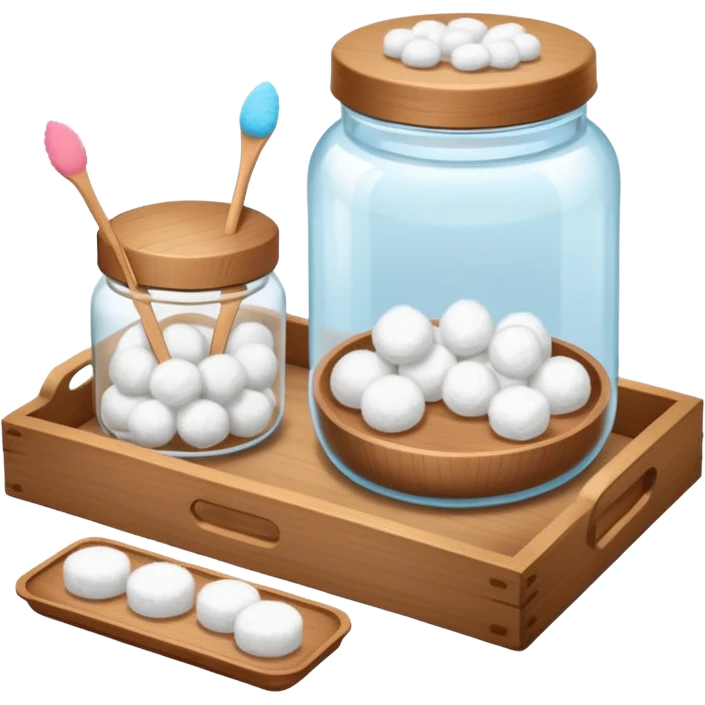 wooden tray with a jar of cotton balls, a jar of cotton swabs, a jar of cotton pads with wooden lids, with a soft glow emoji