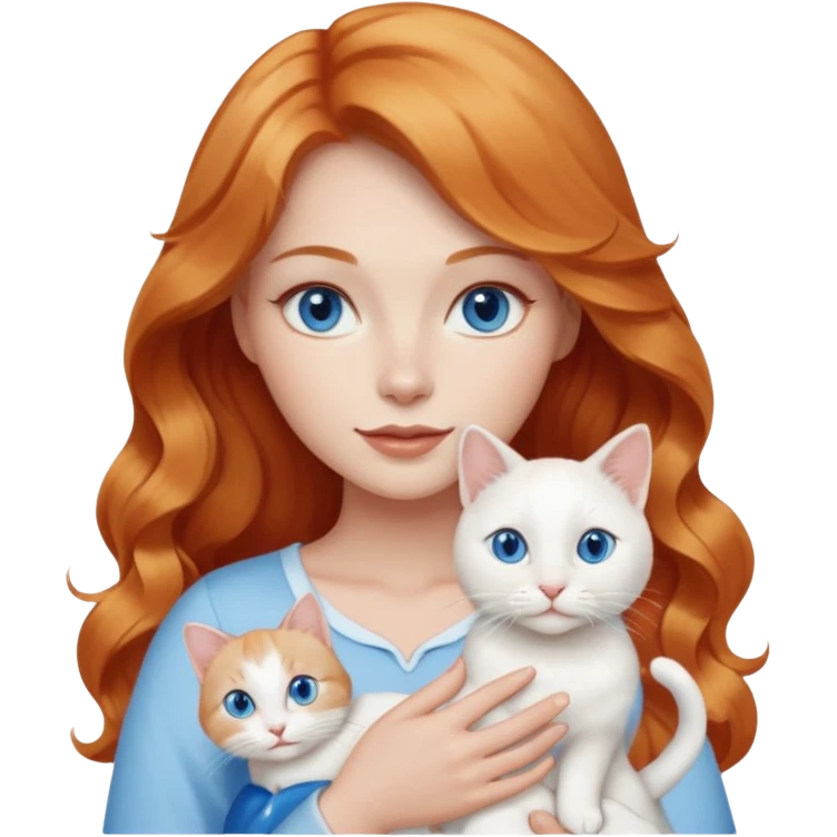 Long wavy strawberry blonde blue eyes woman with a white cat with blue eyes realistic  emoji