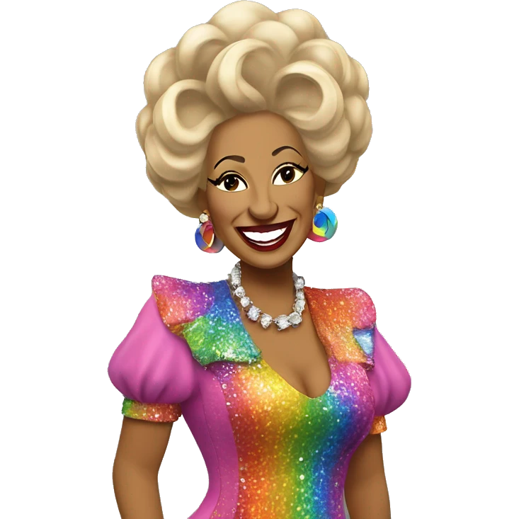 “Celia Cruz in a colorful outfit, smiling and performing with musical notes around her.” emoji