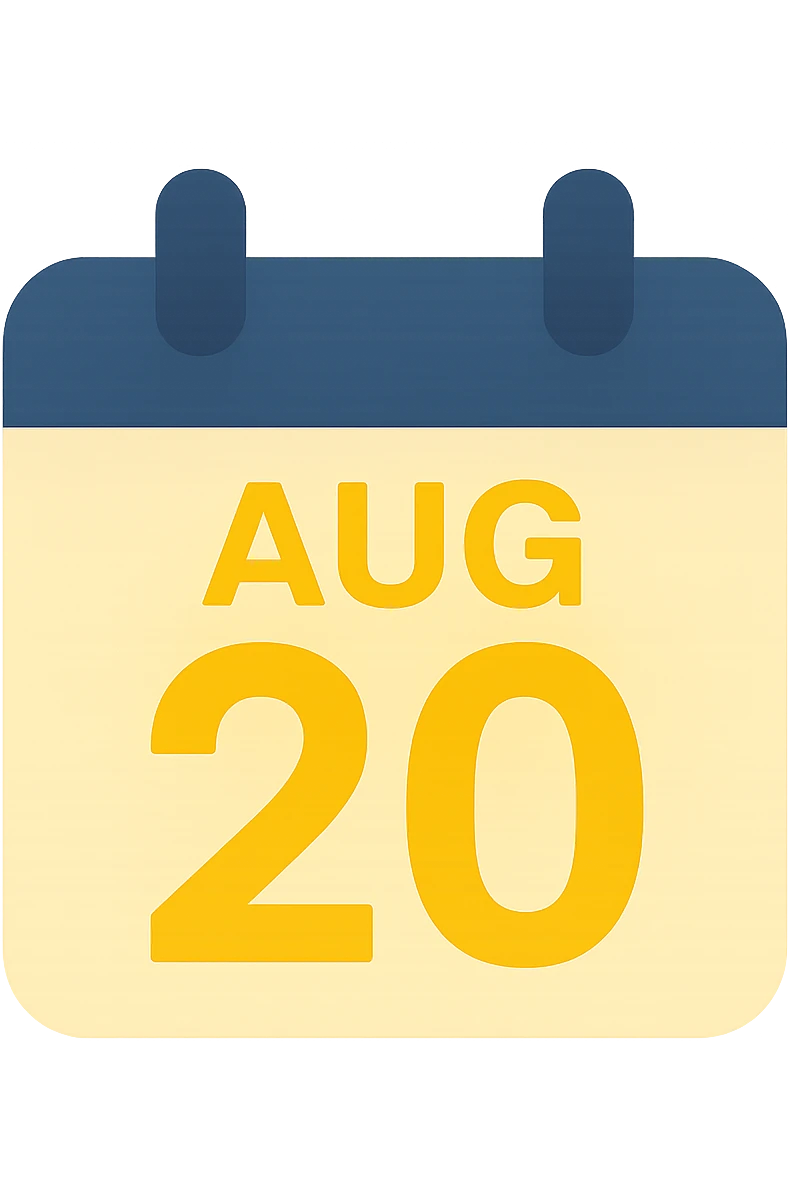 A tear-off calendar sheet showing August 20 with bold numbers in yellow color, no background, strong and clear design. emoji