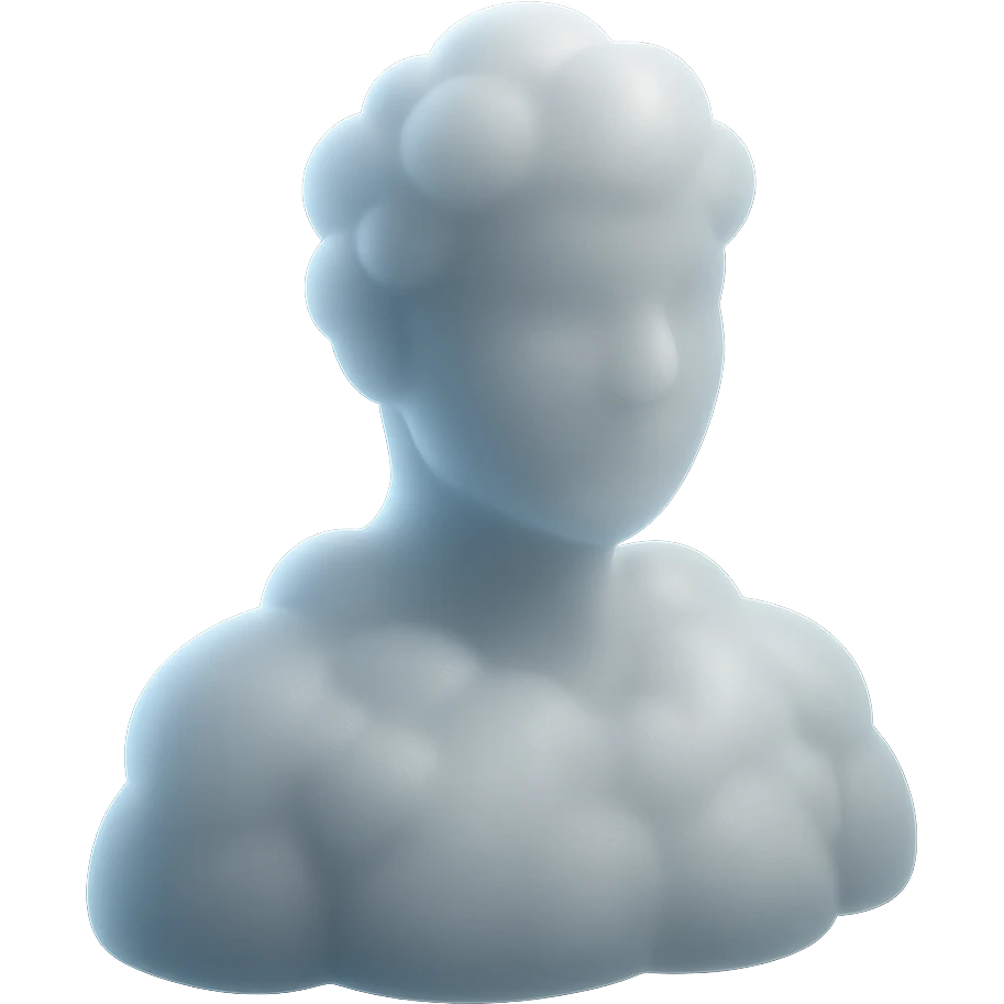 person made of white voluminous clouds, shoulder up, front view, matte glass style emoji