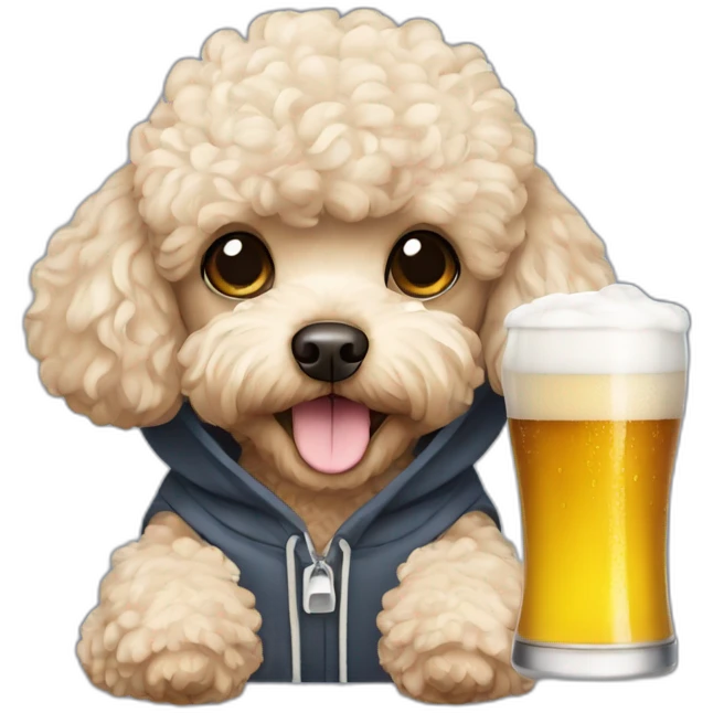 Toy poodle wearing a hoodie and drinking a beer emoji