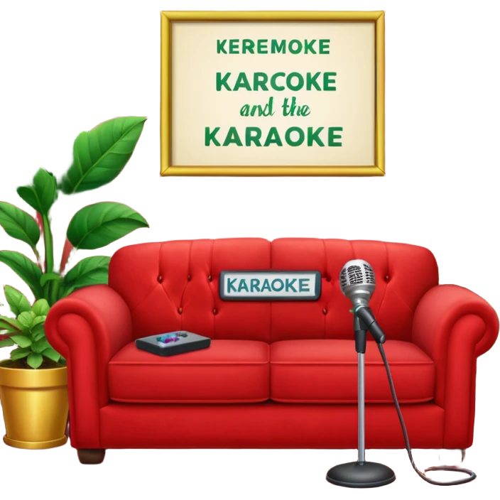front view of a red velvet couch with a mic in front, houseplants in the background, and a sign in the background that says "karaoke" emoji