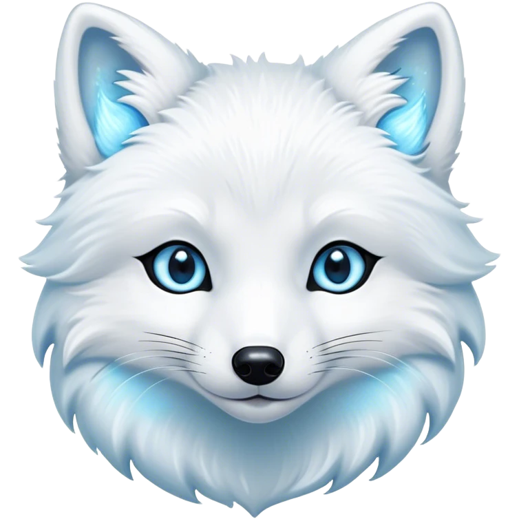 Cinematic Cute Arctic Fox Portrait Emoji, Head tilted playfully and inquisitively, featuring a silky, pure white Fur with delicate hints of icy blue on the ears and muzzle, round, sparkling eyes filled with curious charm, Simplified yet irresistibly adorable features, highly detailed, glowing with a warm, friendly glow, high shine, affectionate and spirited, stylized with a touch of frosty whimsy, bright and endearing, soft glowing outline, capturing the essence of a mischievous yet loving arctic fox, so playful it feels like it could frolic out of the screen and into your arms! emoji