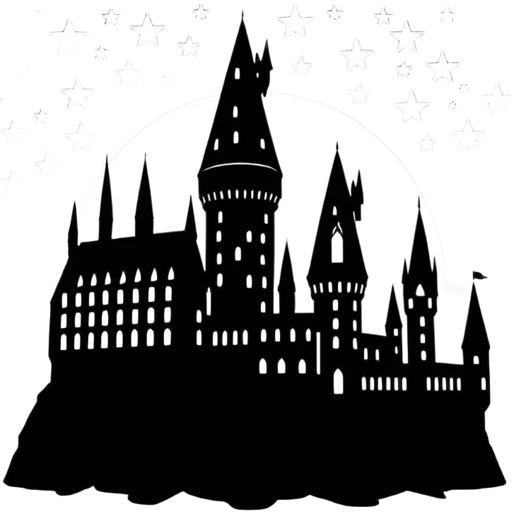 Harry Potter series, Hogwarts castle silhouette with stars, outlined only emoji