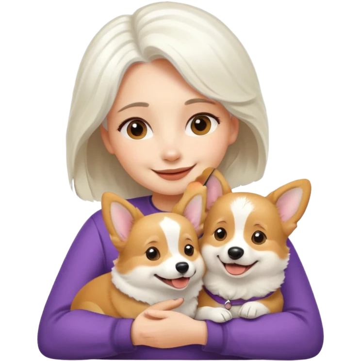 Девушка с красивыми густыми белыми волосами улыбается и обнимает свою милую собачку корги  emoji
