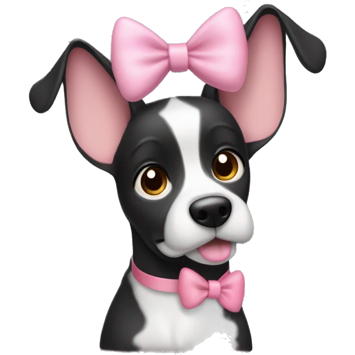 Hi please generate a black dog with big ears that are up and white around her nose and white eyebrows brown eyes and a cute pink bow emoji