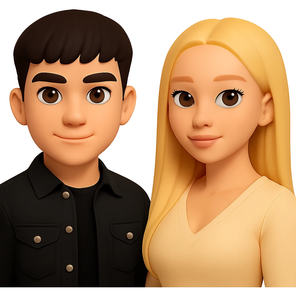 Slightly increase the volume of the upper body of the girl, separate the girl and the boy from each other, make the skin color the same for both. Maintain the cartoon style. Keep the background transparent. emoji
