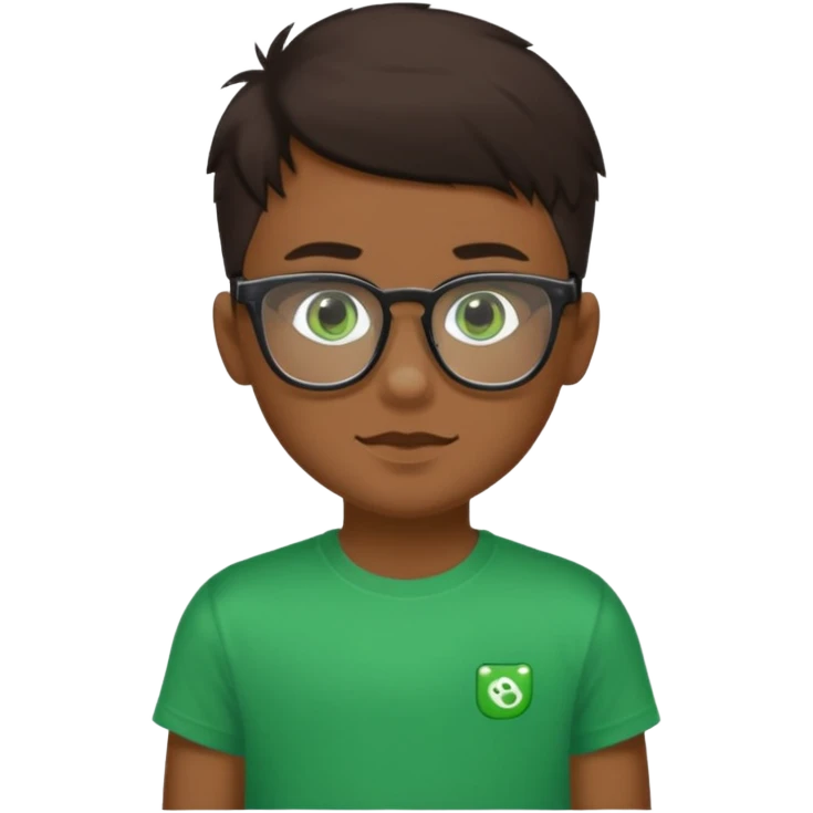 Garçon brun, peu bronzée, des yeux verts foncés, un t shirt noir et des lunettes rectangulaires transparentes emoji