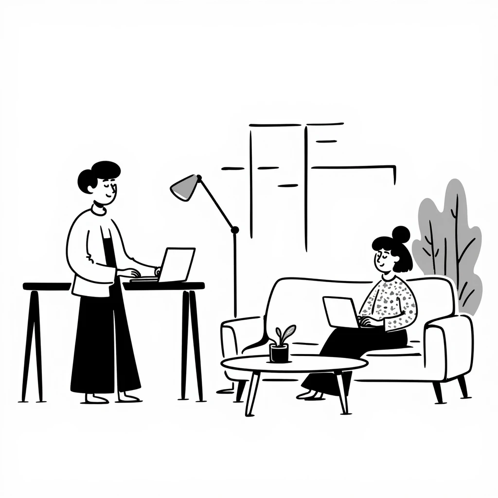 escenary 3d of a cozy mid-century living room with two people working on laptops, one man standing at a desk, and one woman sitting on a couch emoji