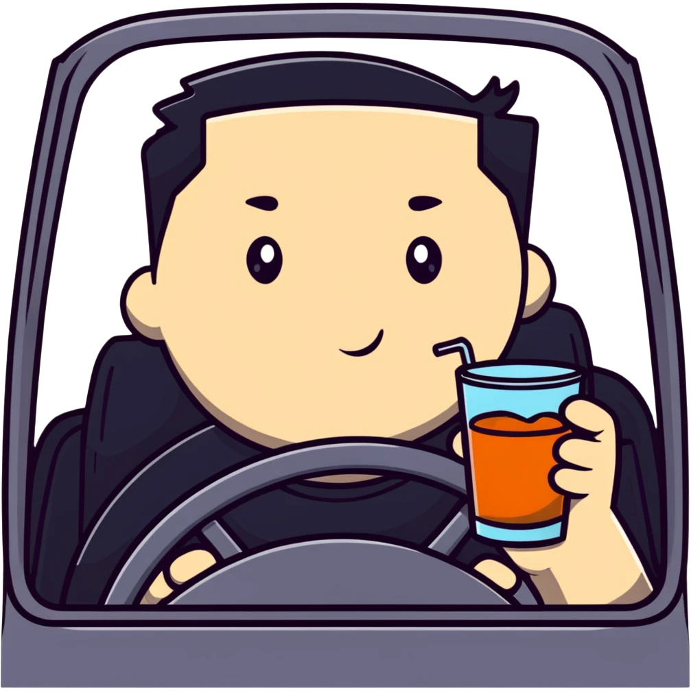 driver with flushed cheeks, one hand on the wheel, the other holding a drink, exaggerated expression emoji