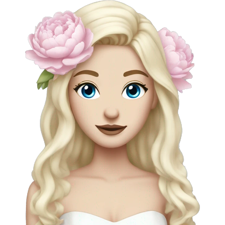 White bride with long light blonde hair and blue eyes with light pink peonies in hair white skin  emoji