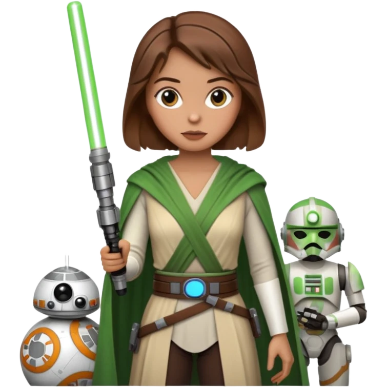 Ios 18 starwars theme ( jedi, robots etc..) brown hair lady with lightaber green or red emoji