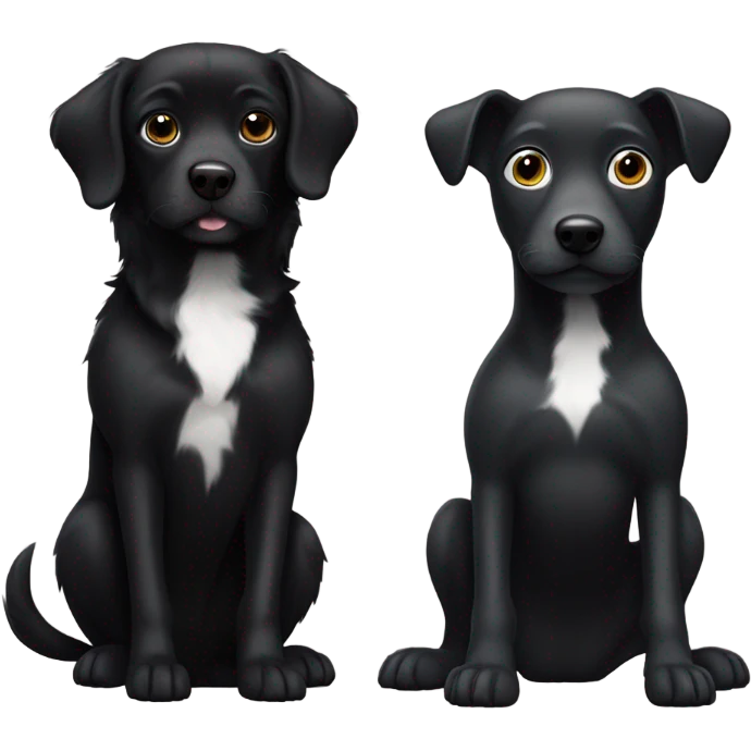 Black dog with white spotty legs  sitting next to another bigger black dog with white legs emoji