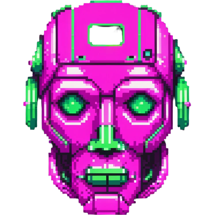 minimalist cartoon emoji of a robot face, LLM theme, Matrix-inspired cyberpunk style, three neon green shades with magenta, clean crisp pixel lines, techy sticker look, stroke, futuristic digital feel emoji