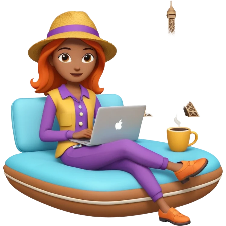 3D clay woman character relaxed with laptop and coffee in Paris, floating icons (dollars), colofrful modern outfit, white laptop, Pixar style, transparent background emoji