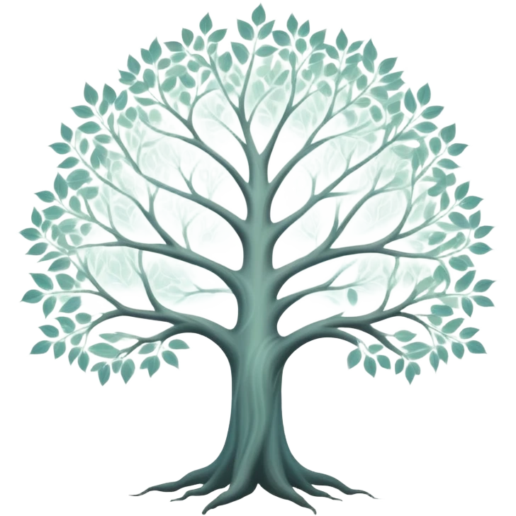 Mystical white tree with soft glowing portrait frames as leaves, ethereal genealogy connecting generations emoji