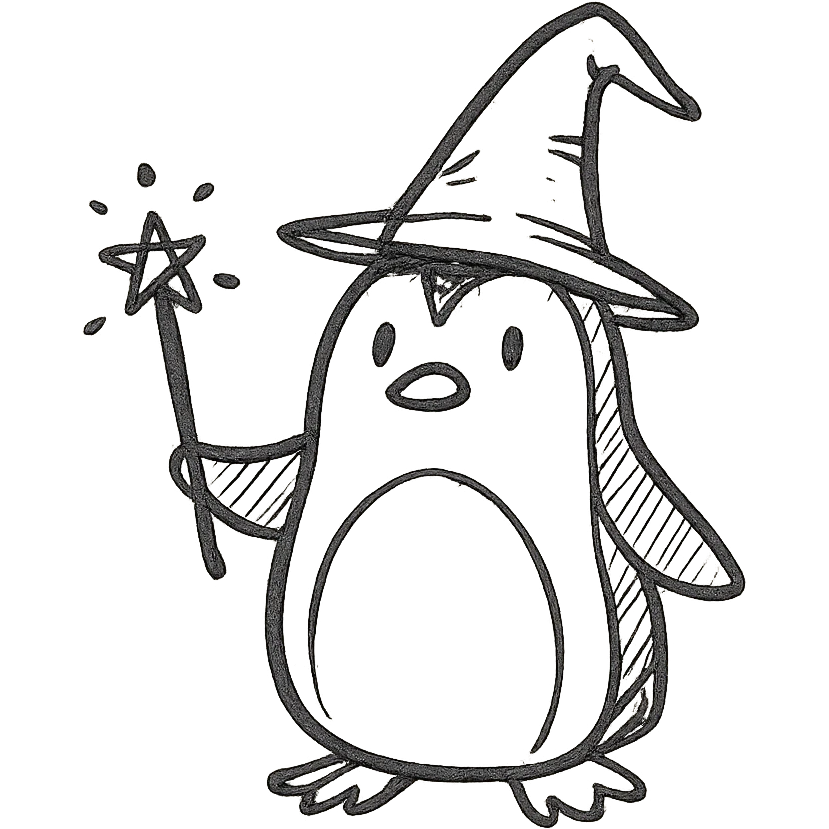 A penguin wizard with a pointy hat and a magic wand emoji