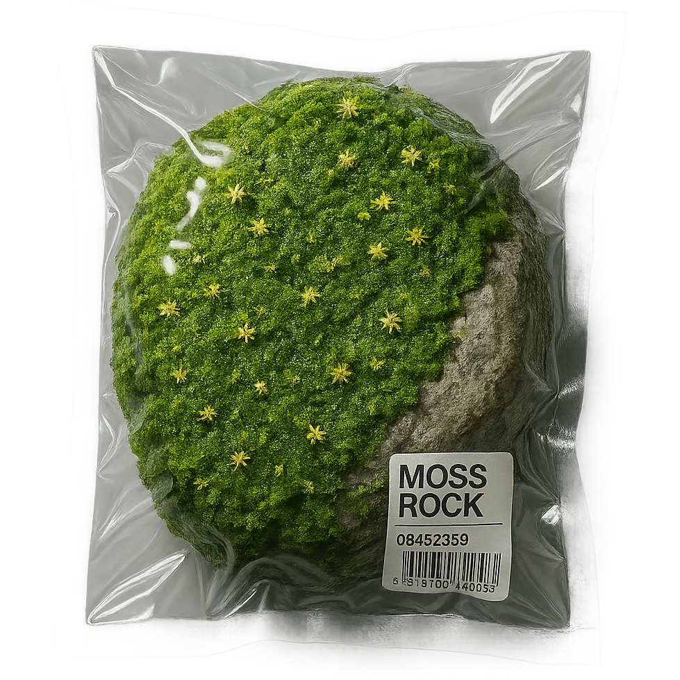 stone mostly covered in green moss with small flowers, glossy and puffy emoji