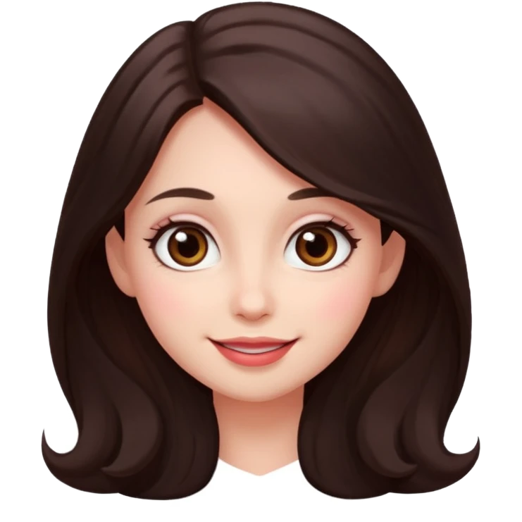 An featuring a woman with dark brown long hair, brown big eyes, light pinkish skin, red cheeks, sweet emoji