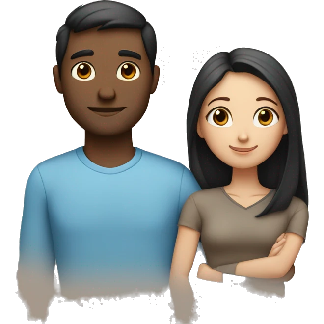 Couple embracing with arms around each other; white woman with blue eyes and brown hair, Indian man with black hair  emoji