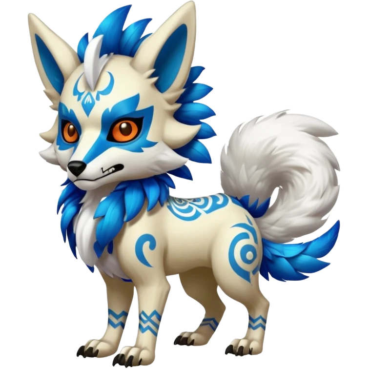 Furry cute colorful exotic tribal feral anime-styled Fakémon-Pokémon-animal-creature with a white wolf-skull-head-mask-face, and blue feathers around neck, with long furry ears, long furry tail, 4 legs, (full body), with intricate pattern-markings emoji