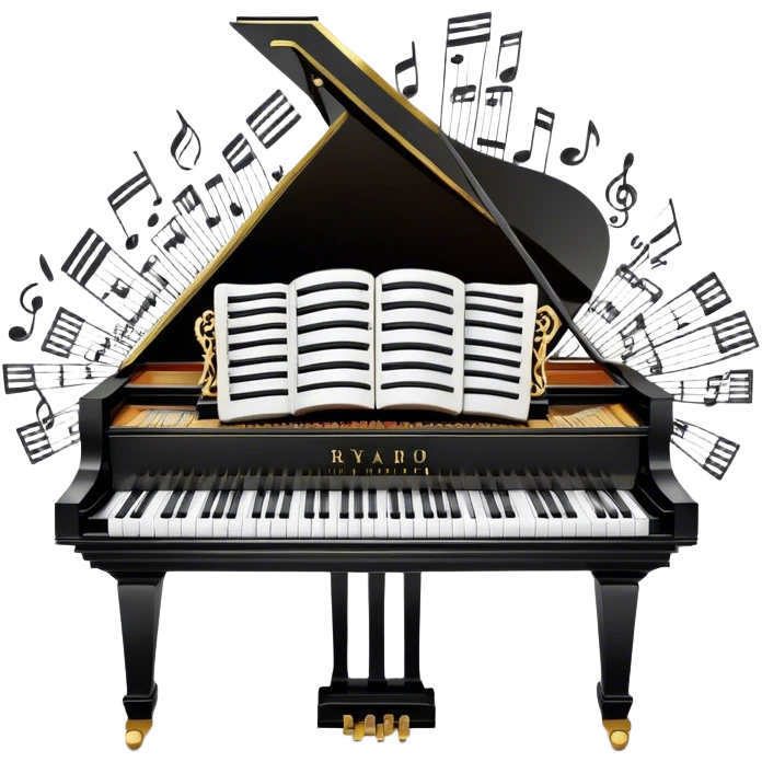 Create a sophisticated and celebratory emoji collage representing keyboard instruments, designed in the style of a coat of arms or crest. The design should feature a central, ornate grand piano with black and white keys, surrounded by a ribbon of musical notes. The ribbon should intertwine with a second ribbon made of black-and-white piano keys, creating a flowing, symmetrical pattern. Include delicate, elegant details such as the pedals of the grand piano, intricate woodwork, and the glossy, polished surface of the instrument. The musical notes should be swirling around the design in a harmonious, festive arrangement. Use gold, silver, and rich wood tones to evoke a sense of luxury and professionalism, with the black-and-white keys of the piano adding contrast. The background should remain transparent. emoji
