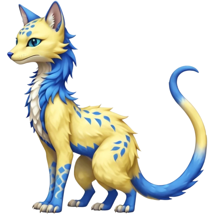 Kawaii yellow and blue beautiful pretty elegant divine edgy fantasy feline-vernid-sergal-fursona animal creature with a tufted tail full body with intricate markings  emoji