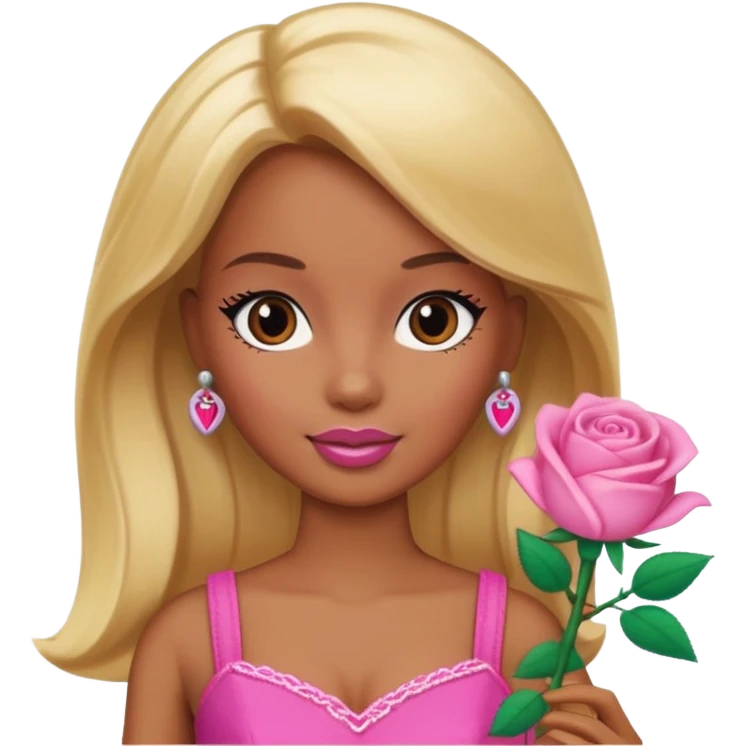 Brown skin blonde hair barbie with rose toy  emoji