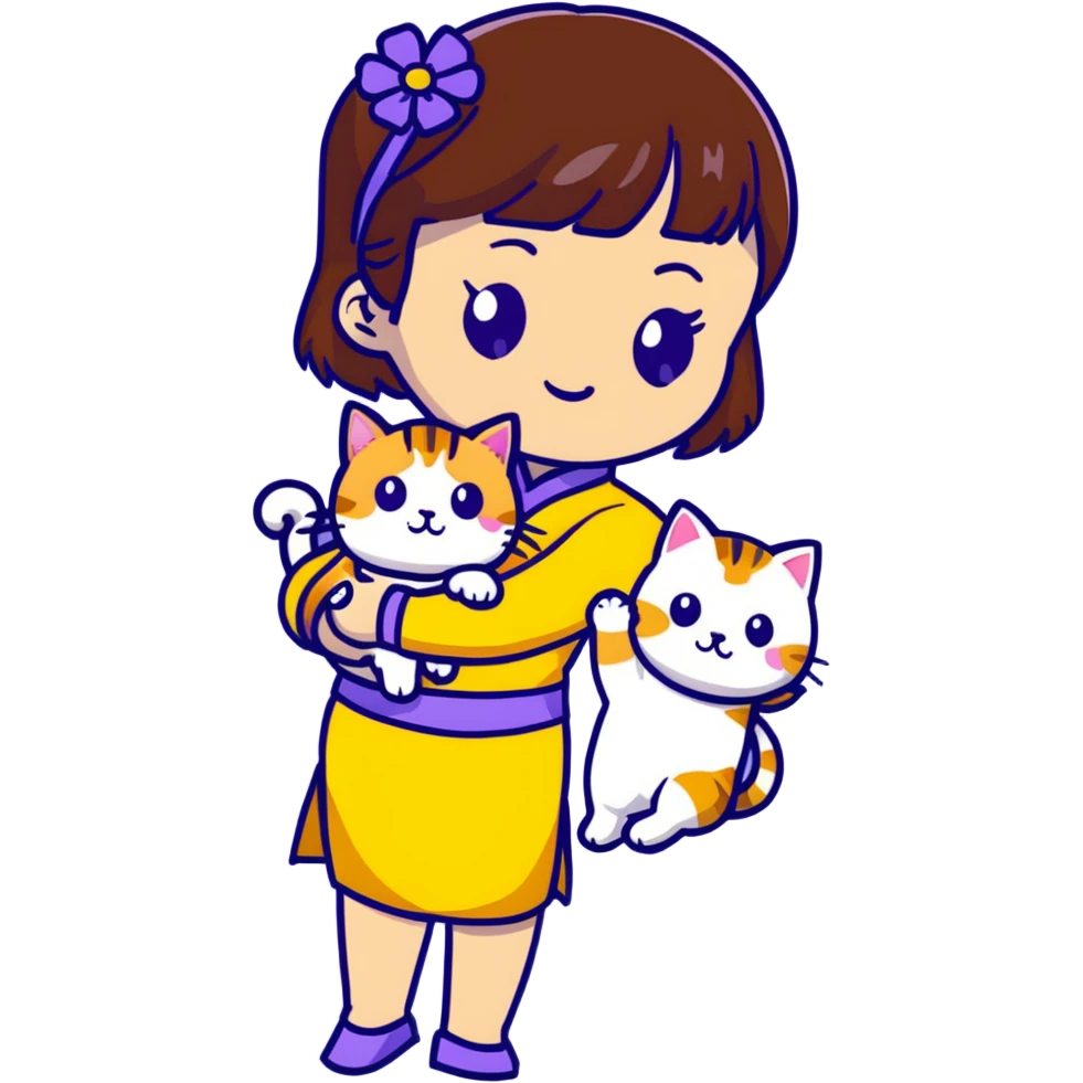 girl with brown hair and bangs wearing yellow qipao with gray tabby cat emoji