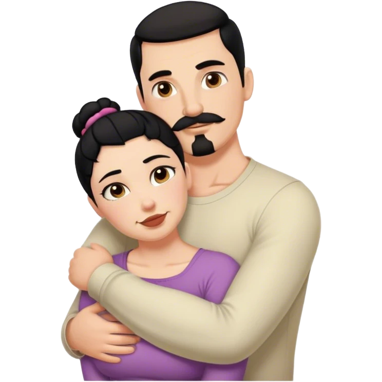 Tall strong white man with dark brown mustache goatee hugging a chubby short pale woman with black hair bun emoji