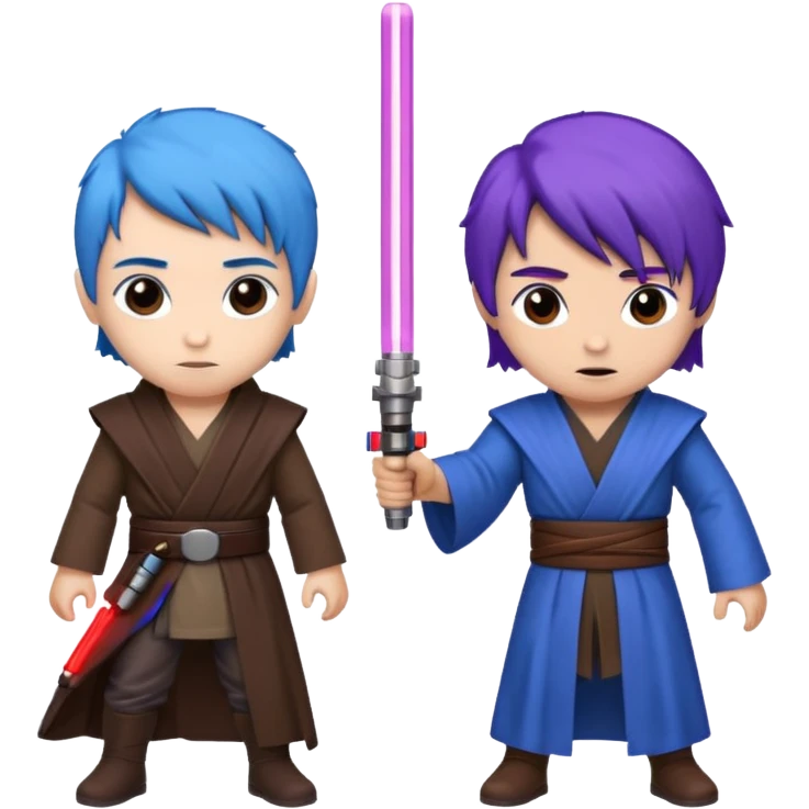 one blue haired jedi with purple lightsaber vs dark brown hair jedi with red lightsaber emoji emoji