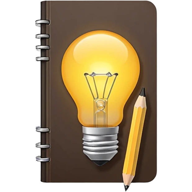 Emoji of a notebook with a pencil and a glowing lightbulb on the cover, iPhone emoji style. Flat design, smooth gradients, rounded edges, soft shadows, clean look, white background. emoji
