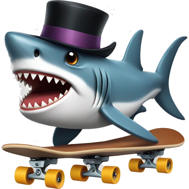 Shark on a skateboard doing a trick wearing a top hat emoji