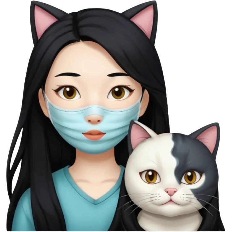 Asian girl with pooo hair and with whole facial mask pack with one cat emoji