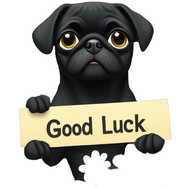 Black pug , surrounded by flowers, holding a green sign that says “good luck”  emoji