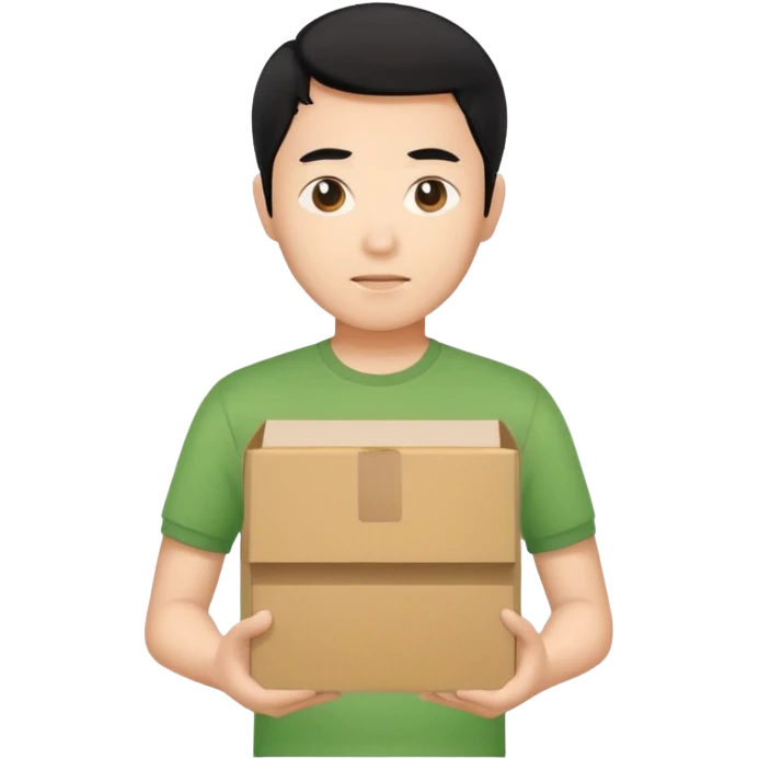 black haired asian man green shirt holding cardboard box emoji