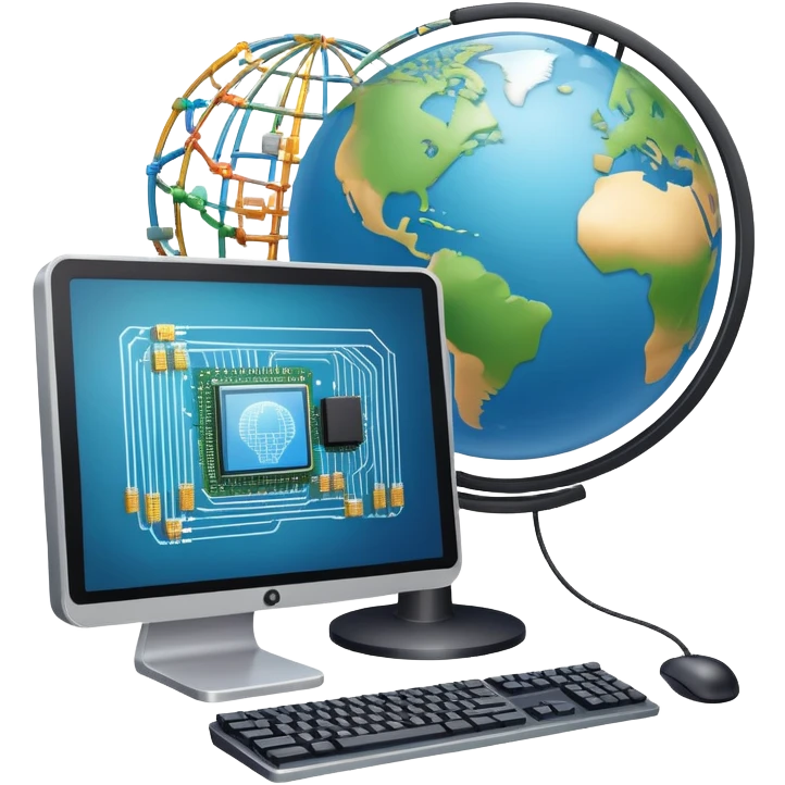 An icon featuring a computer monitor displaying code, a globe with network nodes, and a circuit board, symbolizing IT. The design includes data streams, cloud storage, and a keyboard, representing digital innovation, connectivity, and problem-solving. Transparent background emoji