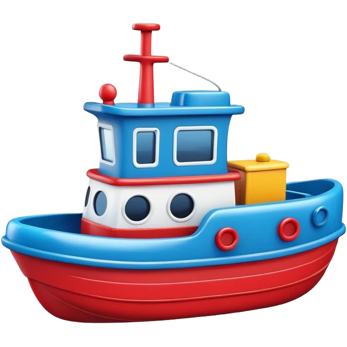 A colorful toy tugboat with a cute cheerful face and a red and blue body emoji