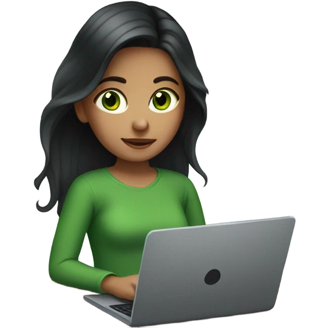 Girl with long dark hair, green eyes and laptop emoji