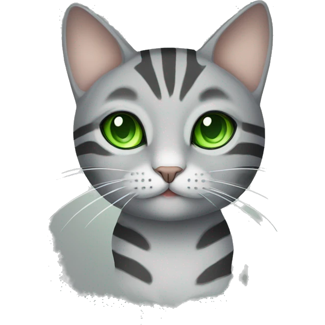 A striped grey cat with green eyes with  emoji