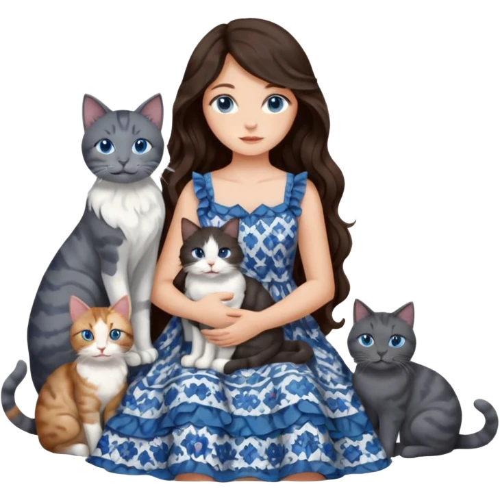 detailed realistic looking a dark grey and white cat regally sitting with six other cats, cuddling with their owner who is a pretty bratz lightly tanned white girl with long dark brown hair, blue eyes and gorgeous long wavy hair wearing a pretty detailed dress emoji