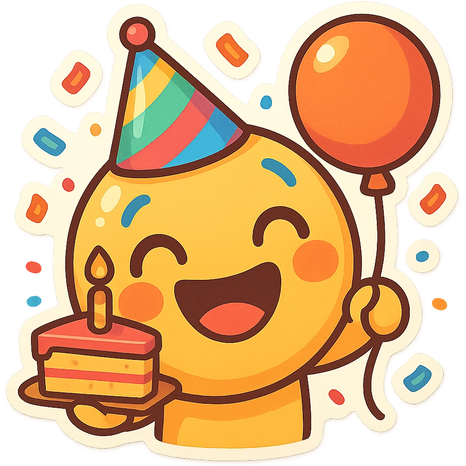 cheerful birthday emoji with big smiling face, colorful party hat, holding slice of cake in one hand and balloon in the other, confetti falling in background, bright festive colors, vibrant cartoon style emoji