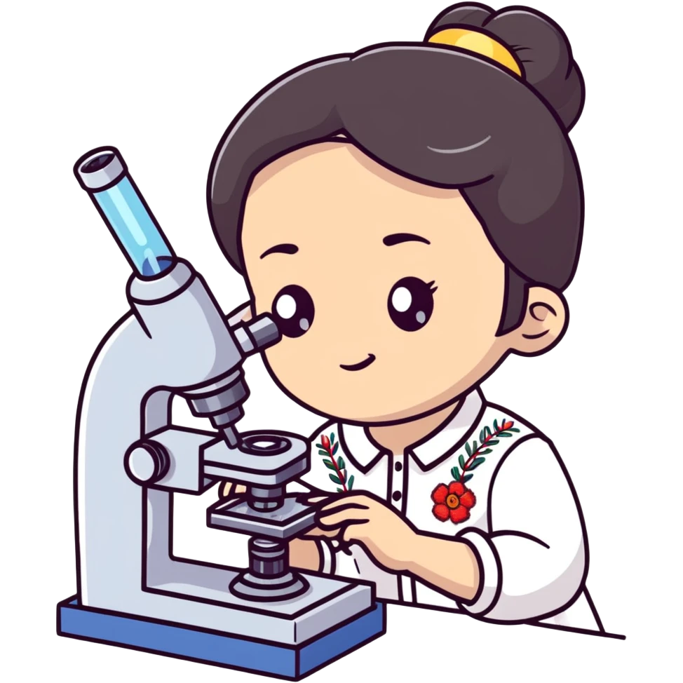 Ukrainian girl with dark hair in traditional embroidered shirt holding a microscope emoji