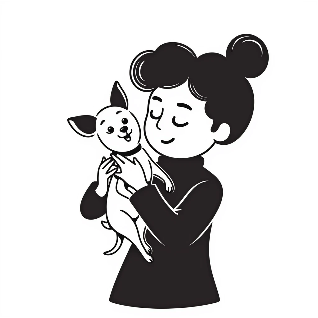 white girl with curly brown hair holding a chihuahua puppy emoji